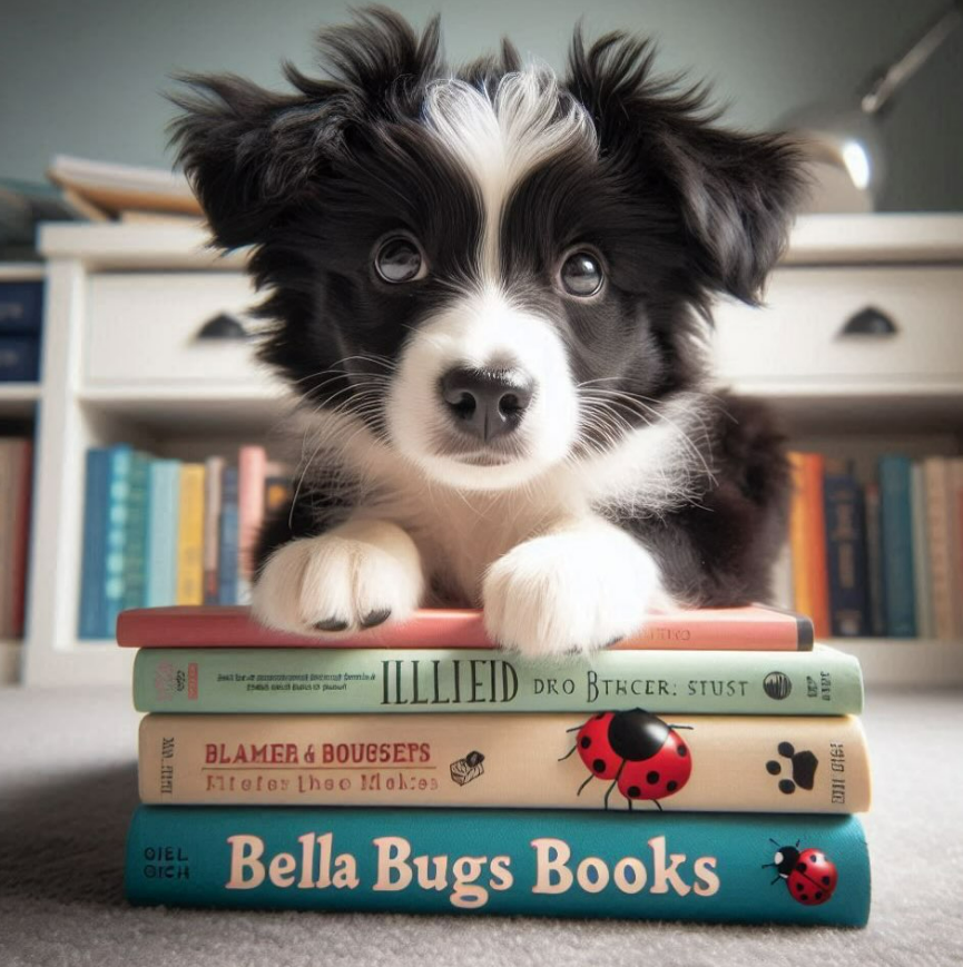 Bella the border collie puppy, mascot of Bella Bugs Books