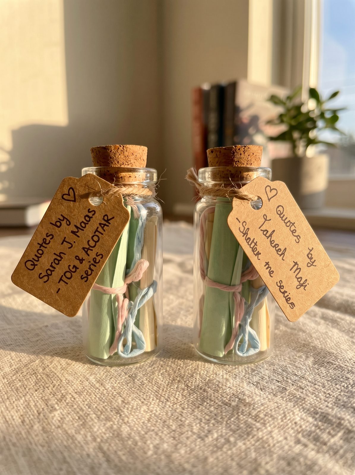 Small corked jars with book quote tags