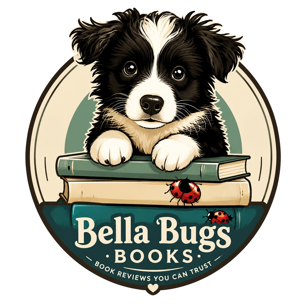 Bella Bugs Books logo: Bella the border collie puppy sitting on a stack of books